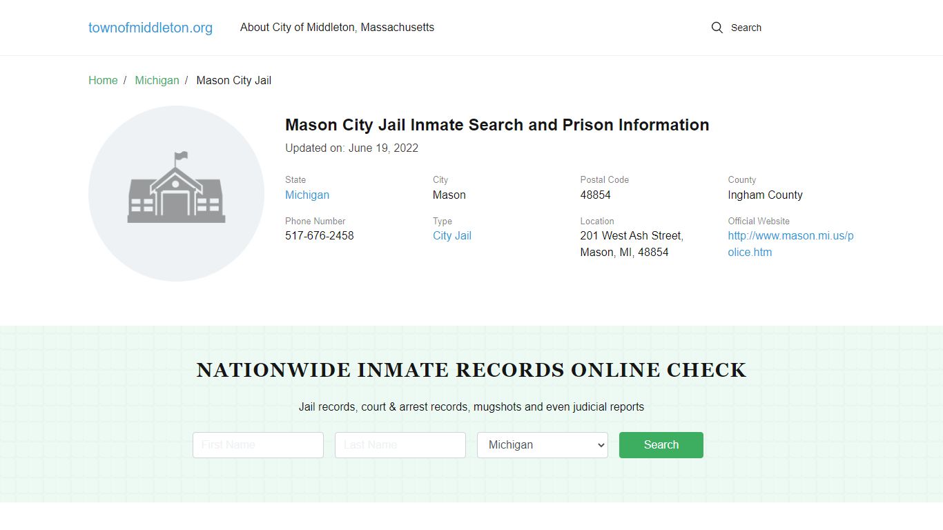 Mason City Jail Inmate Search and Prison Information - Town Of Middleton